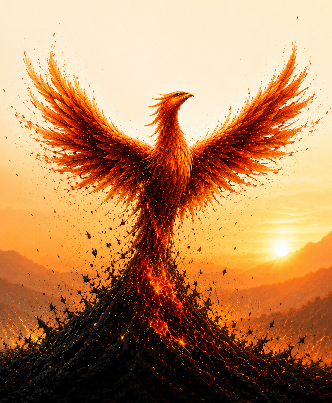 A phoenix rising from embers against a mountain sunrise
